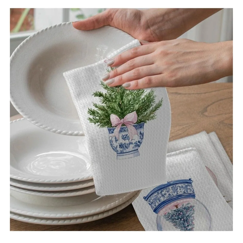 Chinoiserie Christmas Kitchen Bathroom Towels, Blue Bow Tree, Set of 4, 16x24